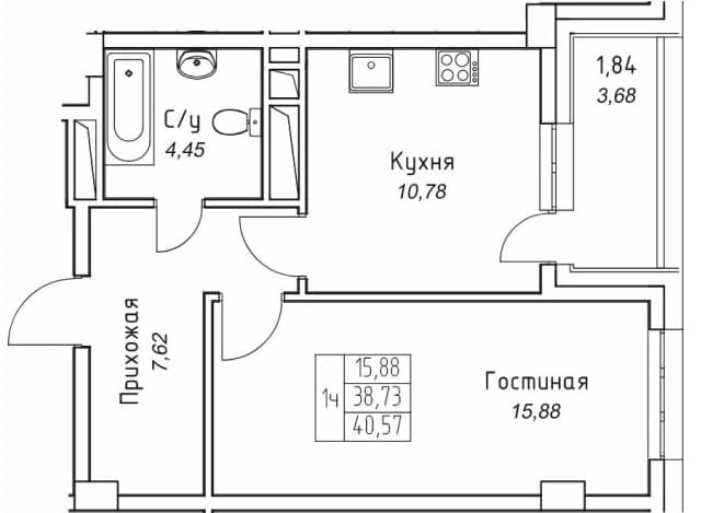 1 комн., Монолитно-каркасный, Прометей, ЖК 3