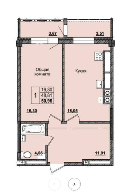 2 комн., 50 м², Монолитно-каркасный 2
