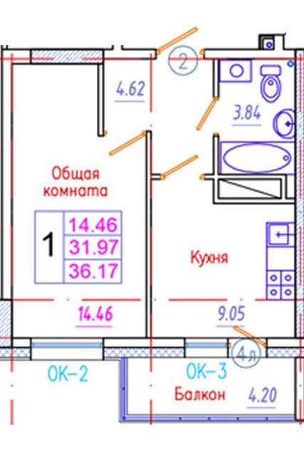 1 комн., 36 м², Инд. планировка, Гимеин 2