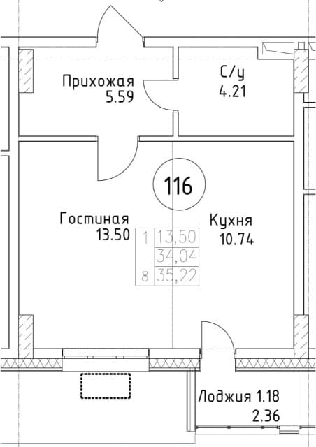 1 комн., 35 м², Монолитно-каркасный, Другие районы 3