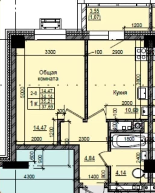 1 комн., 35 м², Монолитно-каркасный, Прометей, ЖК