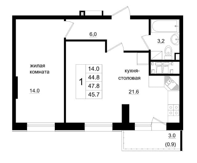 2 комн., 47 м², Монолитно-каркасный, Сайсары 9