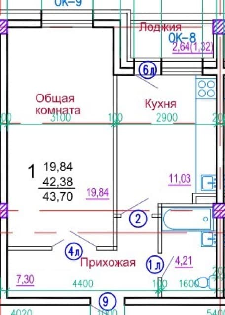 1 комн., 43 м², Монолитно-каркасный, Гимеин 3