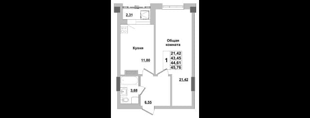 1 комн., 44 м², Монолитно-каркасный, Покровский тракт 2