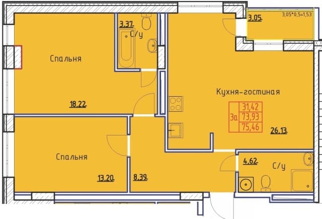 3 комн., Монолитно-каркасный, Крытый рынок 2