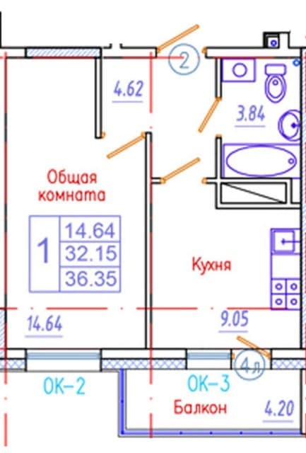 1 комн., 36 м², Монолитно-каркасный, Автодорожная 2