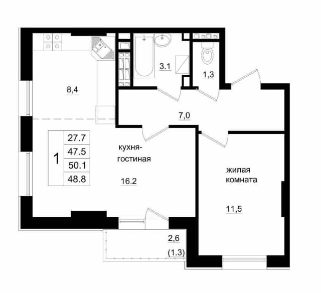 2 комн., 45 м², Монолитно-каркасный, 103 квартал (Ростелеком) 3