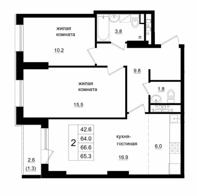 2 комн., 45 м², Монолитно-каркасный, 103 квартал (Ростелеком) 4