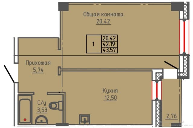 1 комн., 43 м², Монолитно-каркасный, Крестьянский рынок, стадион "Туймаада" 2