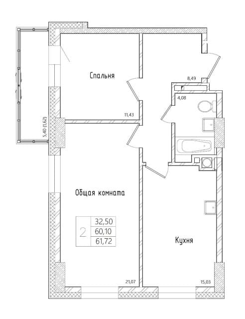 2 комн., 61 м², Монолитно-каркасный, Автодорожная 6