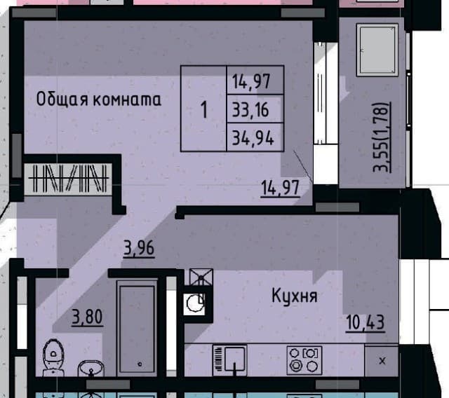 1 комн., 35 м², Монолитно-каркасный 6