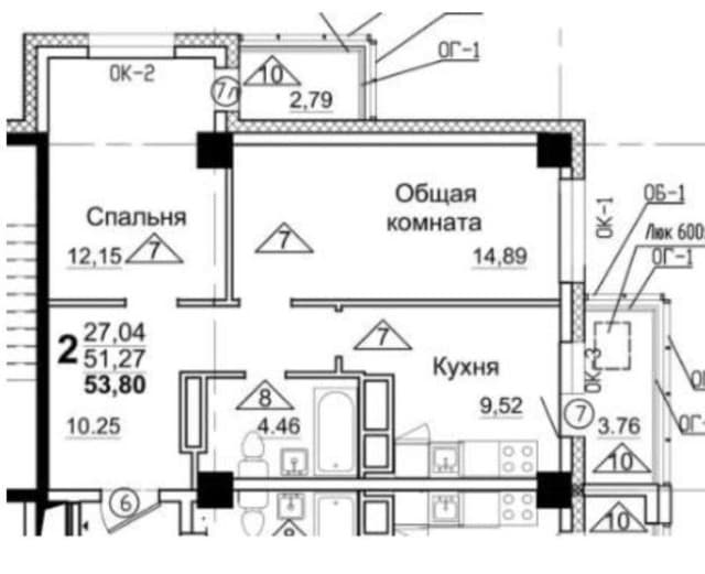 2 комн., 53 м², Монолитно-каркасный, 11 квартал