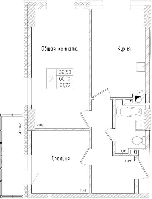 2 комн., 62 м², Монолитно-каркасный, Автодорожная 2
