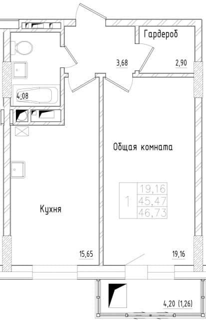 1 комн., 48 м², Монолитно-каркасный, Автодорожная 7