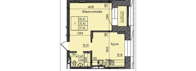 1 комн., 37 м², Монолитно-каркасный, Залог