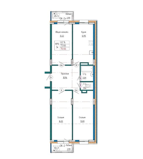 3 комн., 74 м², Монолитно-каркасный, Авиапорт 7