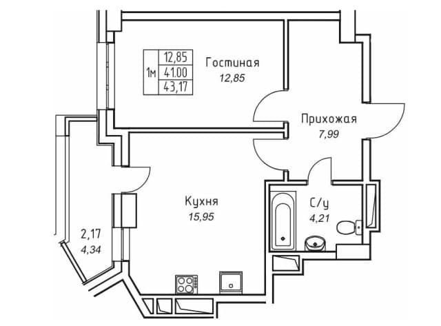 1 комн., Монолитно-каркасный, Прометей, ЖК 3