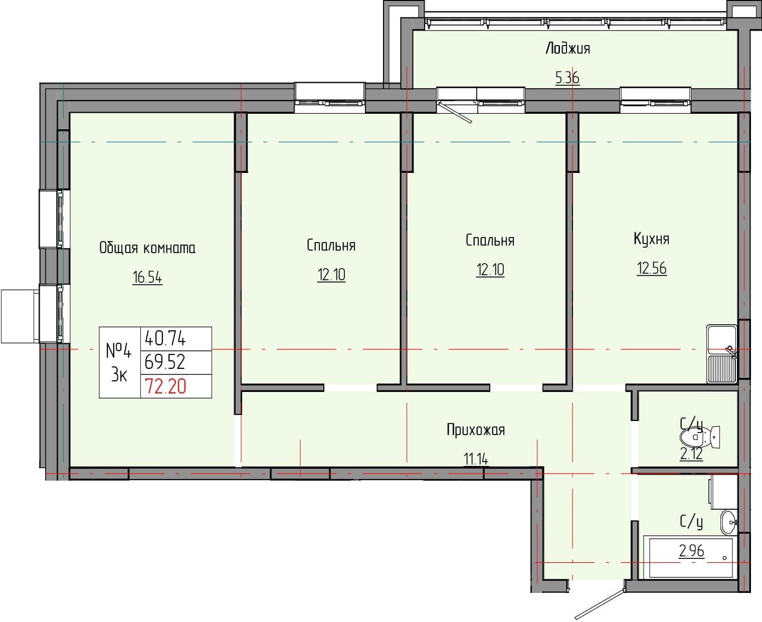 3 комн., 72.2 м²