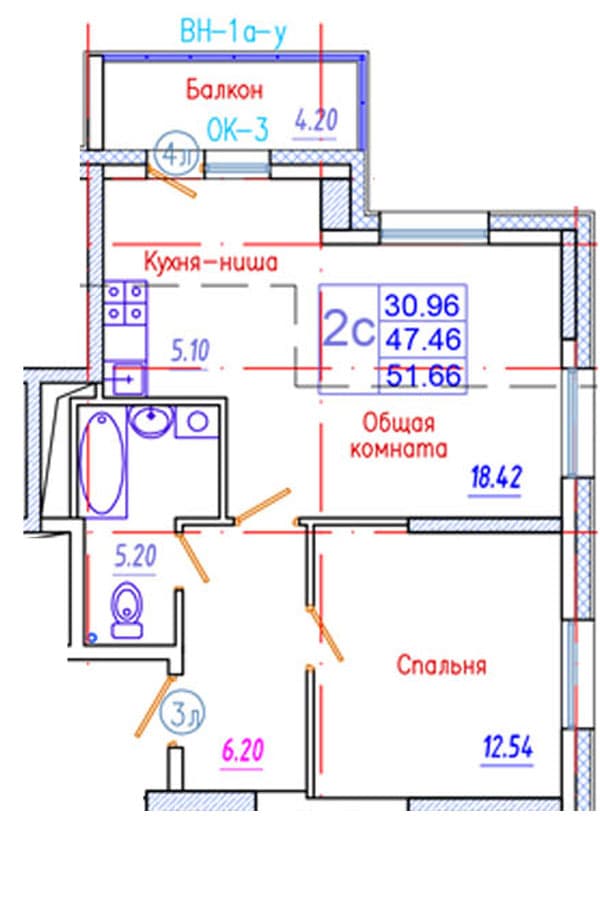 2 комн., 51.7 м²