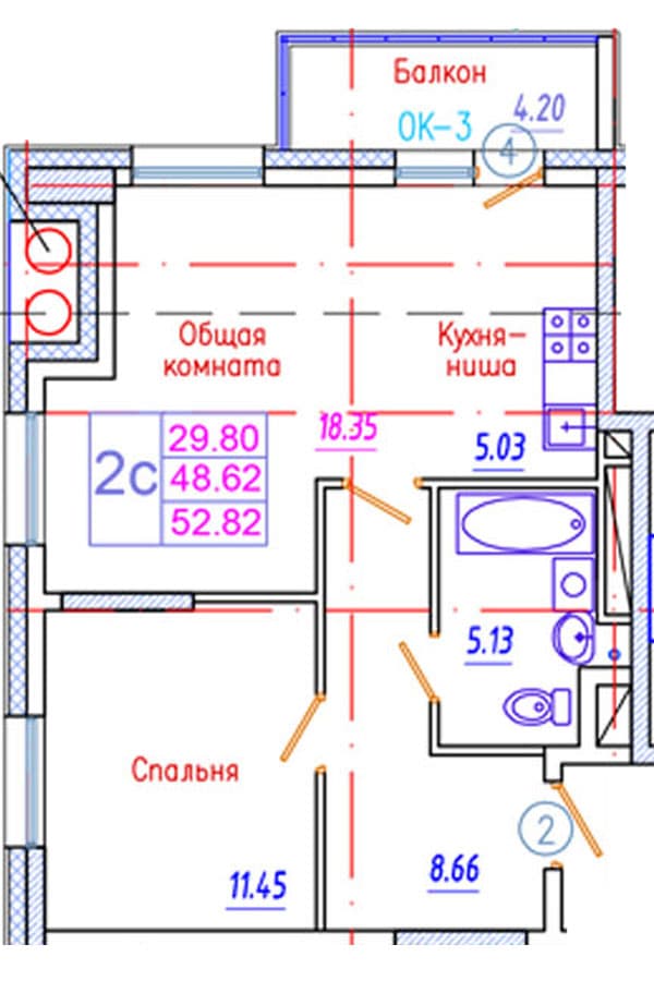 2 комн., 52.8 м²