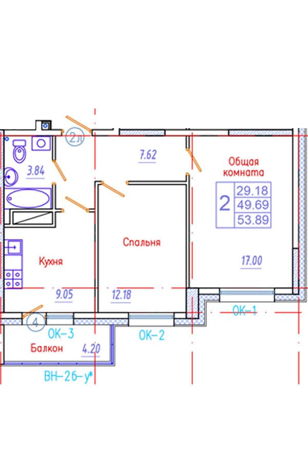 2 комн., 53.9 м²