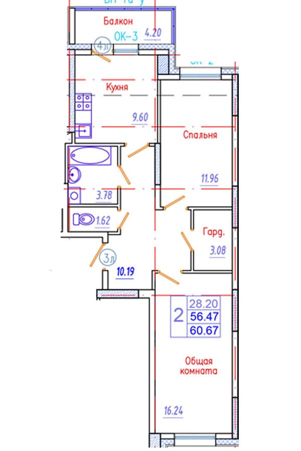 2 комн., 60.7 м²