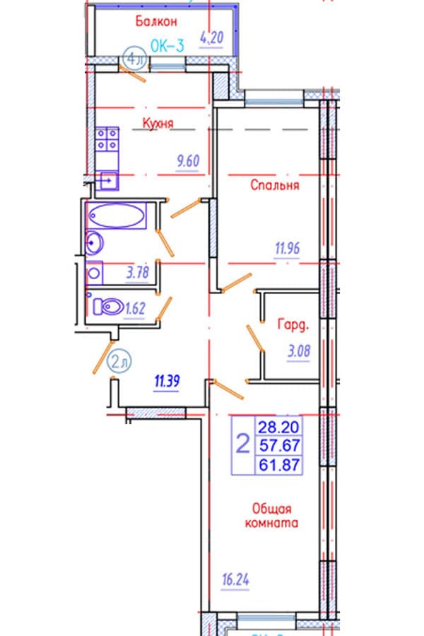 2 комн., 61.9 м²