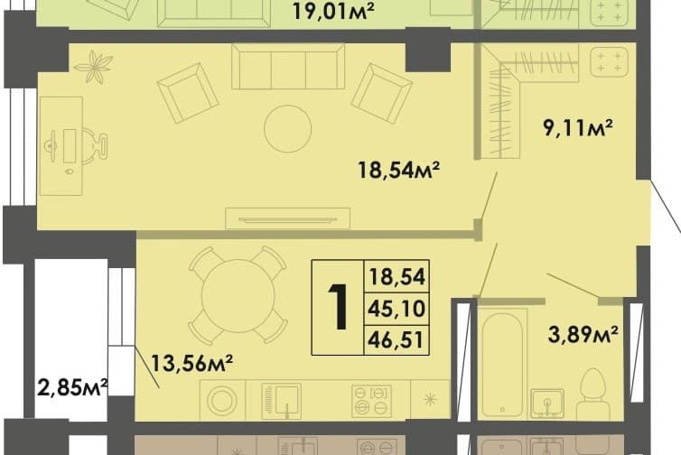 1 комн., 46.5 м²