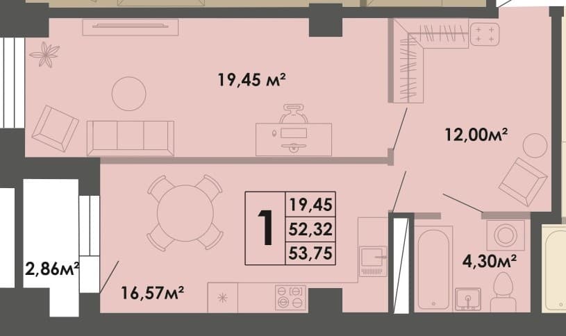 1 комн., 54.3 м²