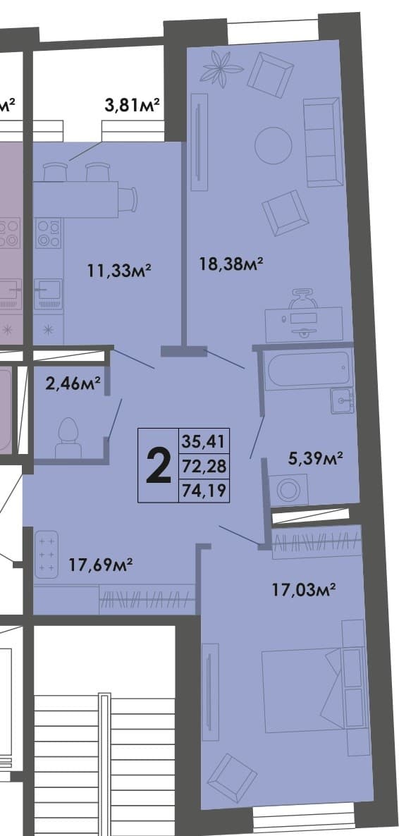 2 комн., 74.2 м²