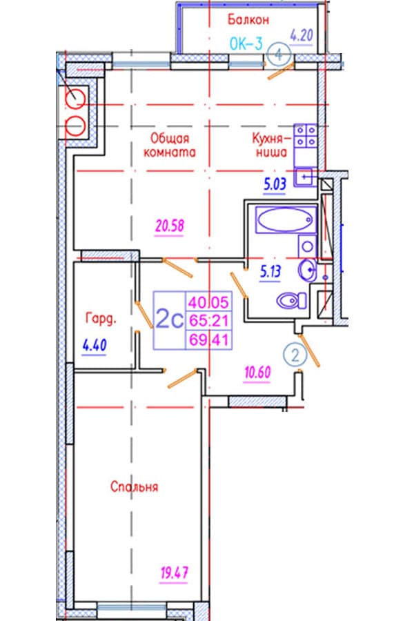 2 комн., 69.4 м²