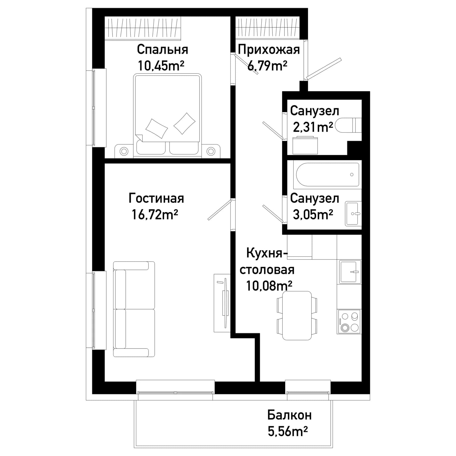 2 комн., 52.8 м²