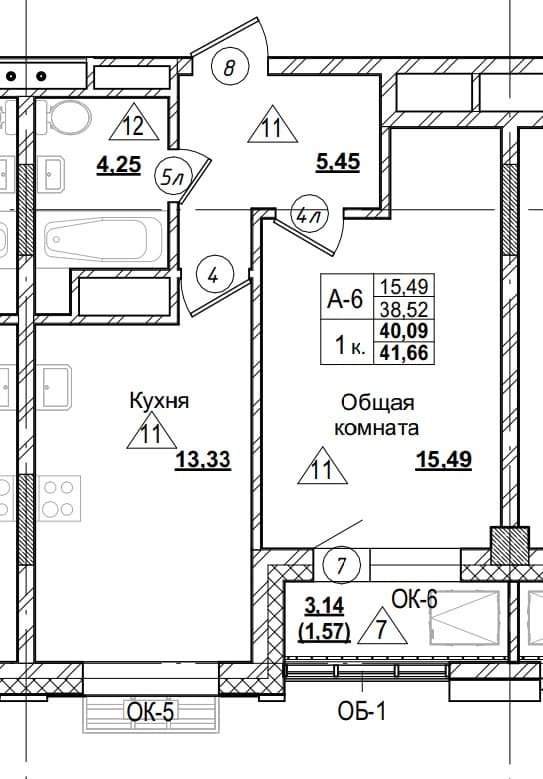 1 комн., 40.1 м²
