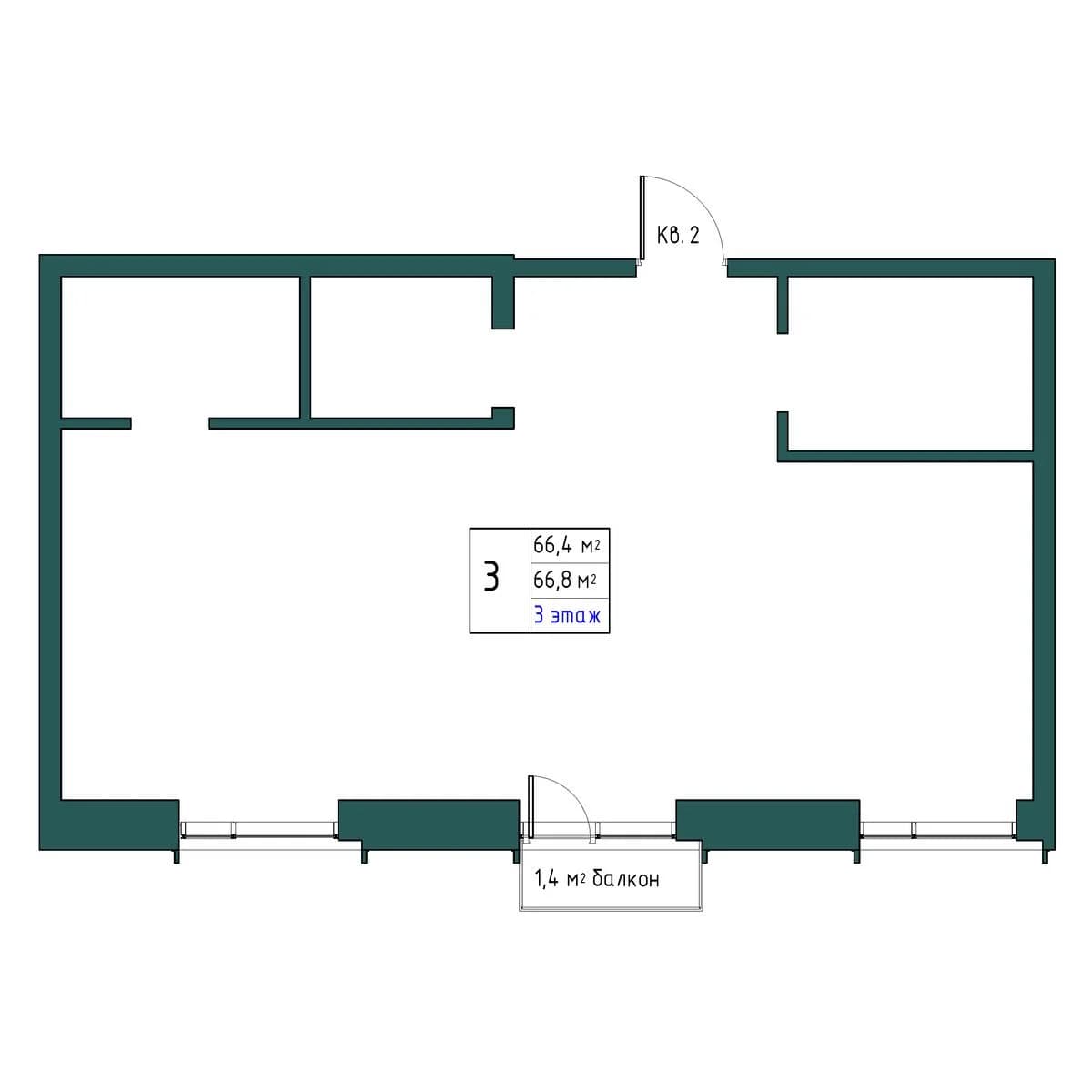 3 комн., 66.8 м²