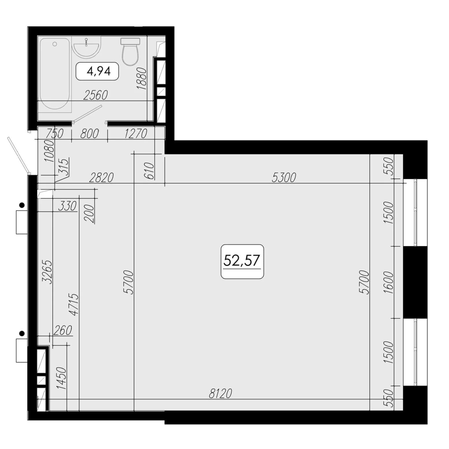 1 комн., 52.6 м²