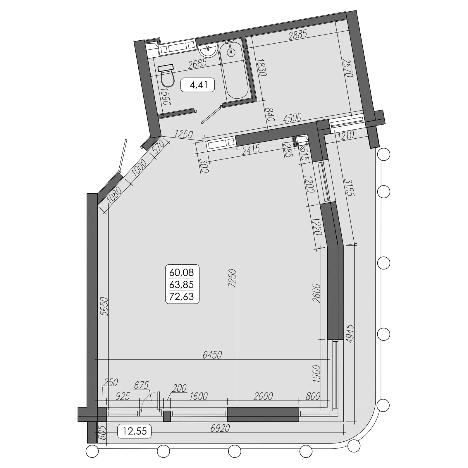 1 комн., 63.9 м²