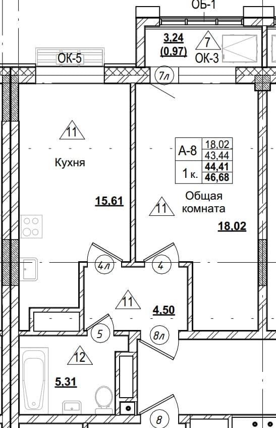 1 комн., 44.2 м²