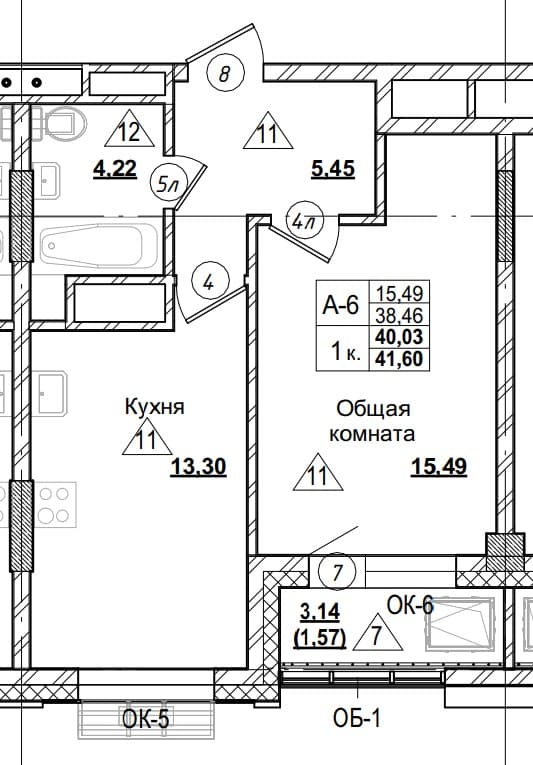 1 комн., 40.0 м²