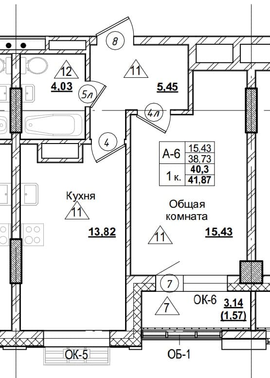 1 комн., 40.3 м²