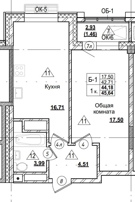 1 комн., 44.2 м²