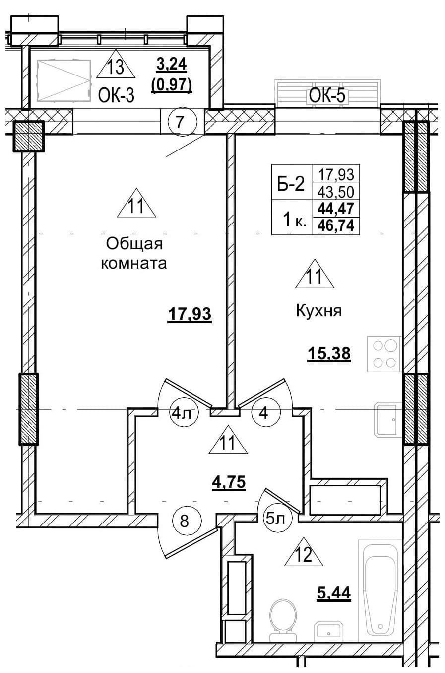 1 комн., 44.5 м²