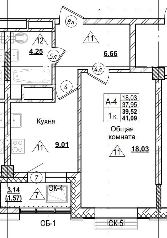 1 комн., 39.5 м²