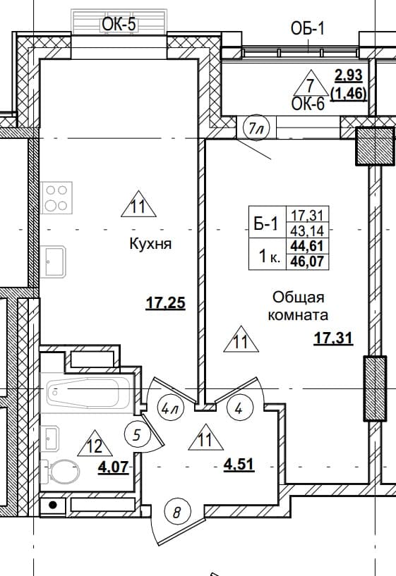 1 комн., 44.6 м²