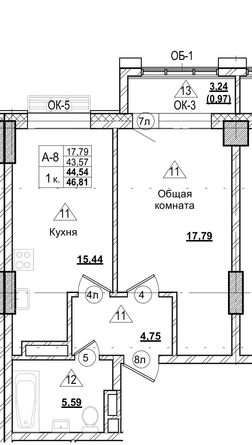 1 комн., 44.5 м²