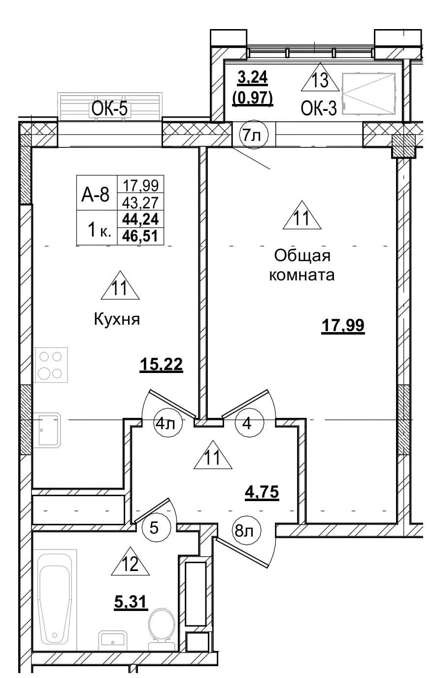 1 комн., 44.2 м²
