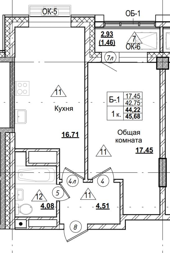 1 комн., 44.2 м²