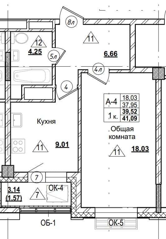 1 комн., 39.5 м²