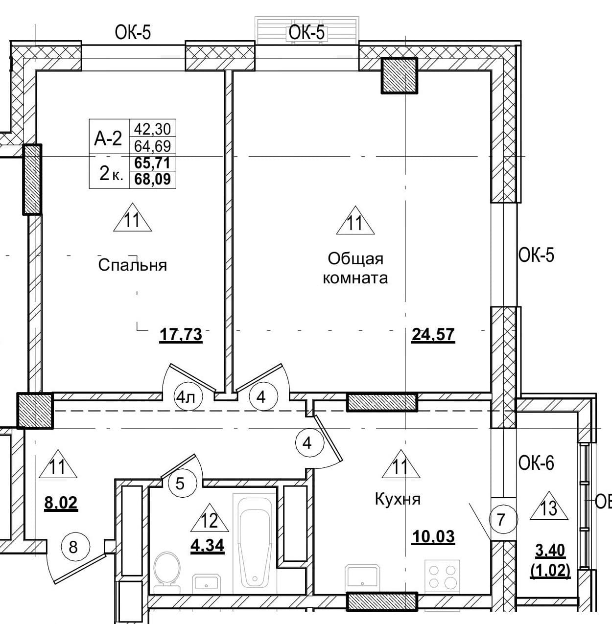 2 комн., 65.7 м²