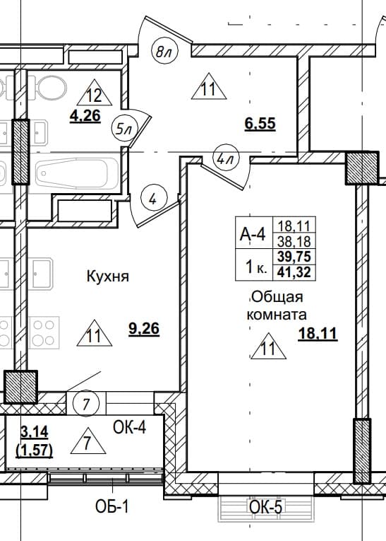 1 комн., 39.8 м²