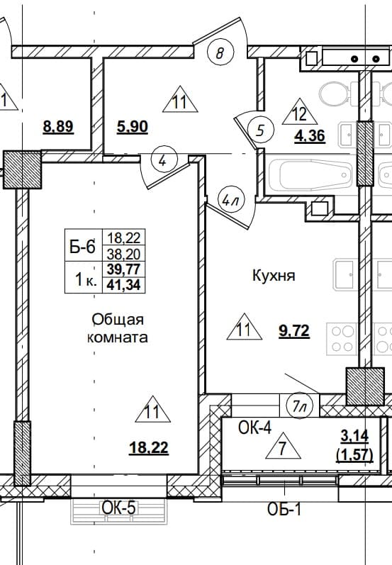 1 комн., 39.8 м²